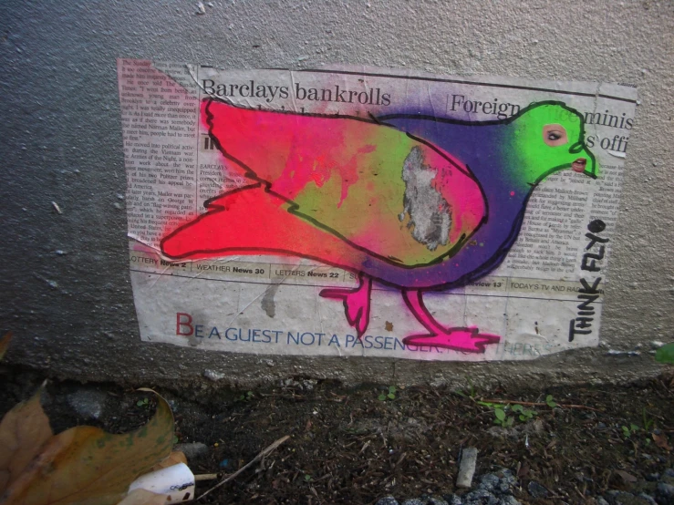 a piece of newspaper with an image of a colorful bird painted on it