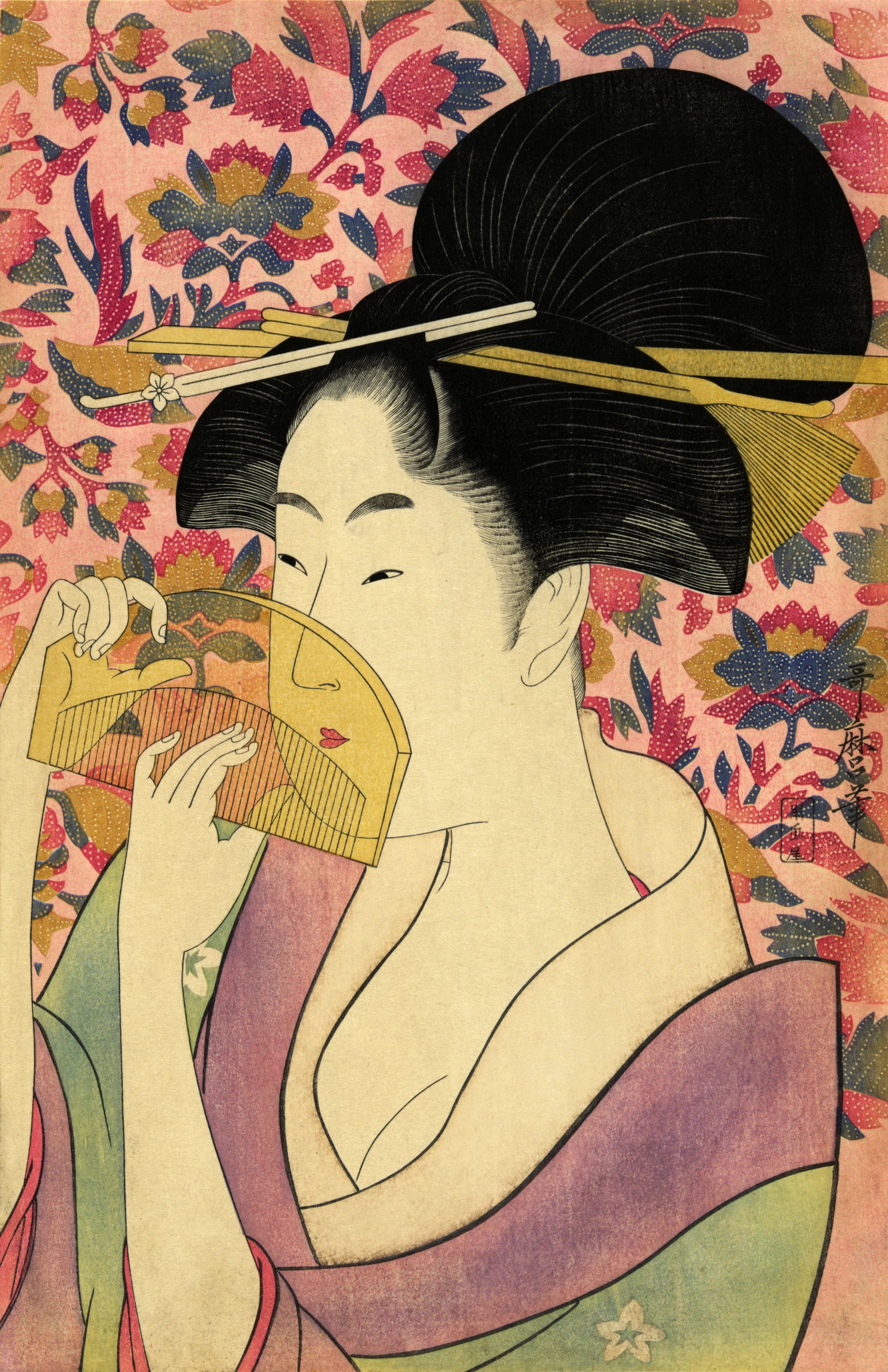 an oriental woman sipping tea, possibly from a tea house in japan