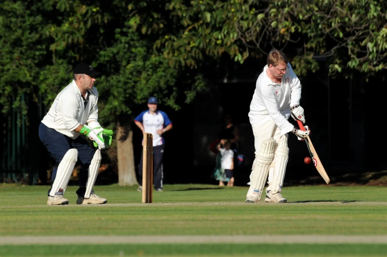 two men are playing cricket and another is preparing to hit the ball