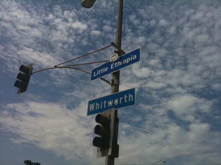 some street signs and a traffic light on a pole