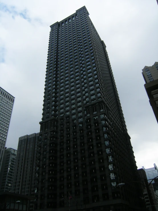 tall buildings with several stories below a cloudy sky