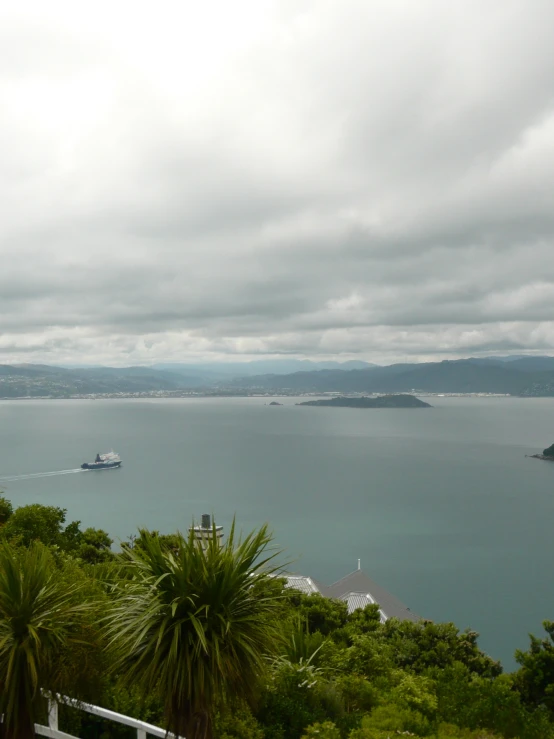 a bay with several boats and tropical trees