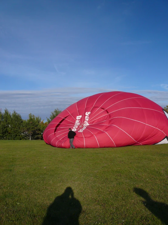 a large red balloon sitting in the middle of a field