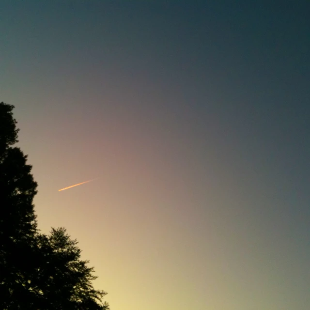 a large plane flies through the air near some trees