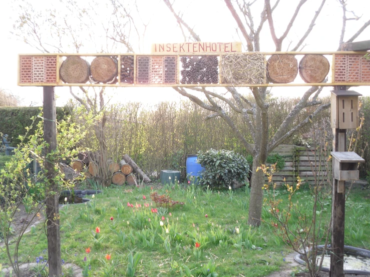 a sign above some trees and bushes in the grass