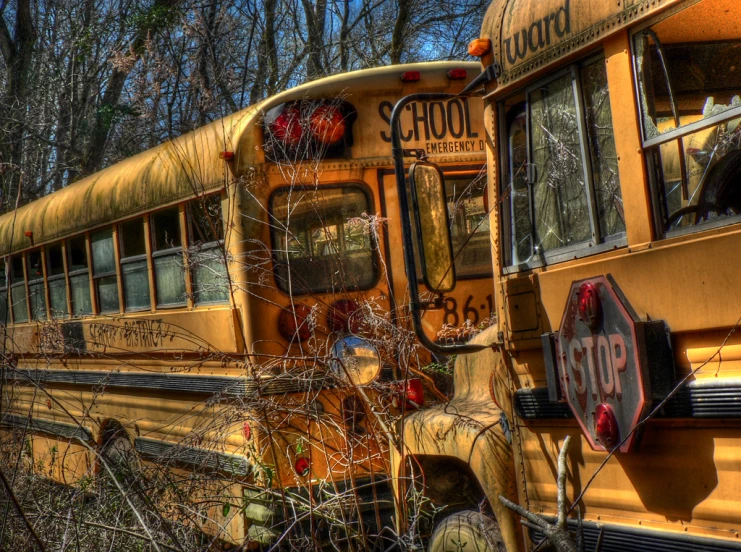 the abandoned yellow bus is in its former place