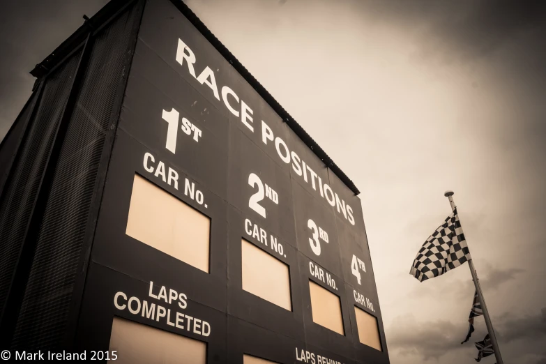 the race booth sign is in front of a checkered flag