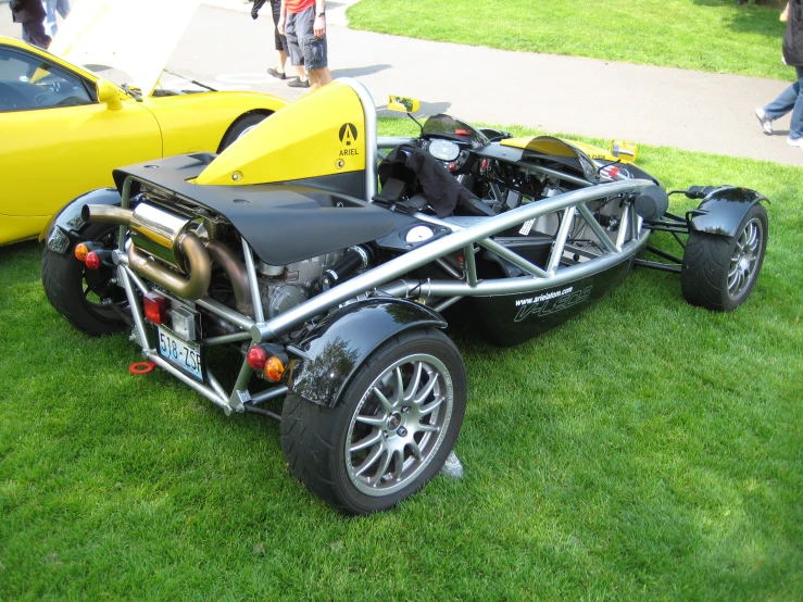 two yellow race cars in the grass beside each other