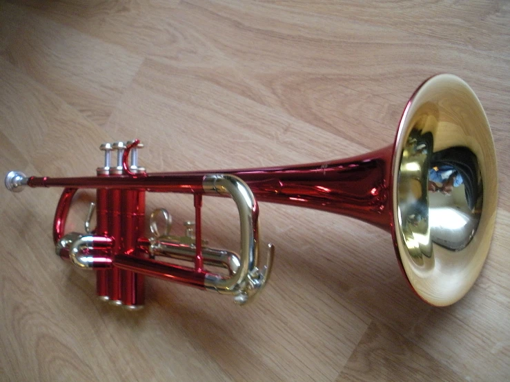 a red, ss - plated musical instrument lying on a wood surface