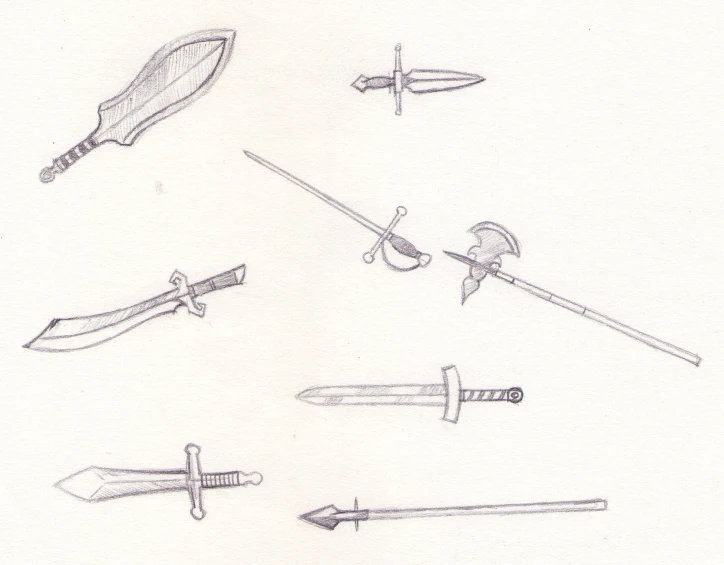 a drawing of several weapons and shields drawn on paper
