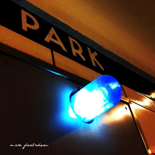 blue lights illuminate the signage for a park