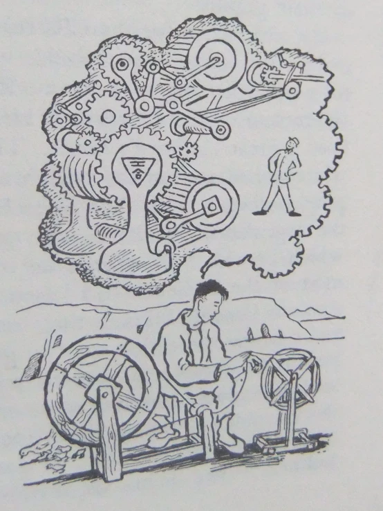 drawing in pen, showing two people sitting on top of wheels
