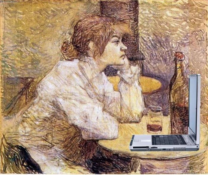 a picture of a man drinking a bottle in front of a laptop computer