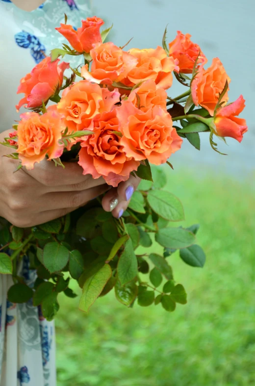 a bouquet of orange flowers is held in a woman's hand