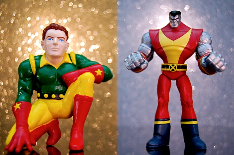 two images of toy figures one with a green and yellow outfit the other with a blue eyes