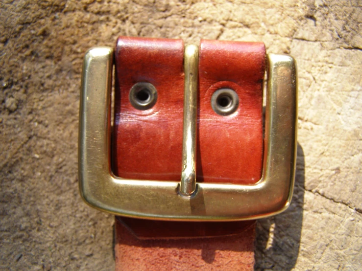 a red and ss buckle has two eyeballs on it
