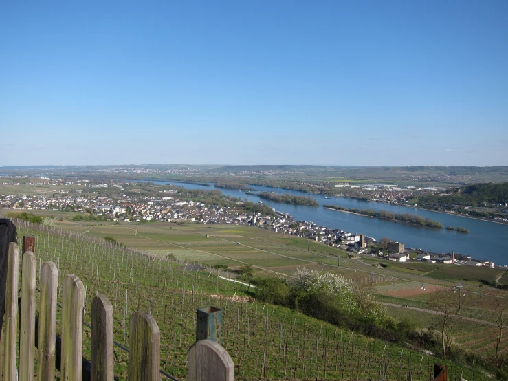 a man in a red jacket is at the top of a hill looking out on the town