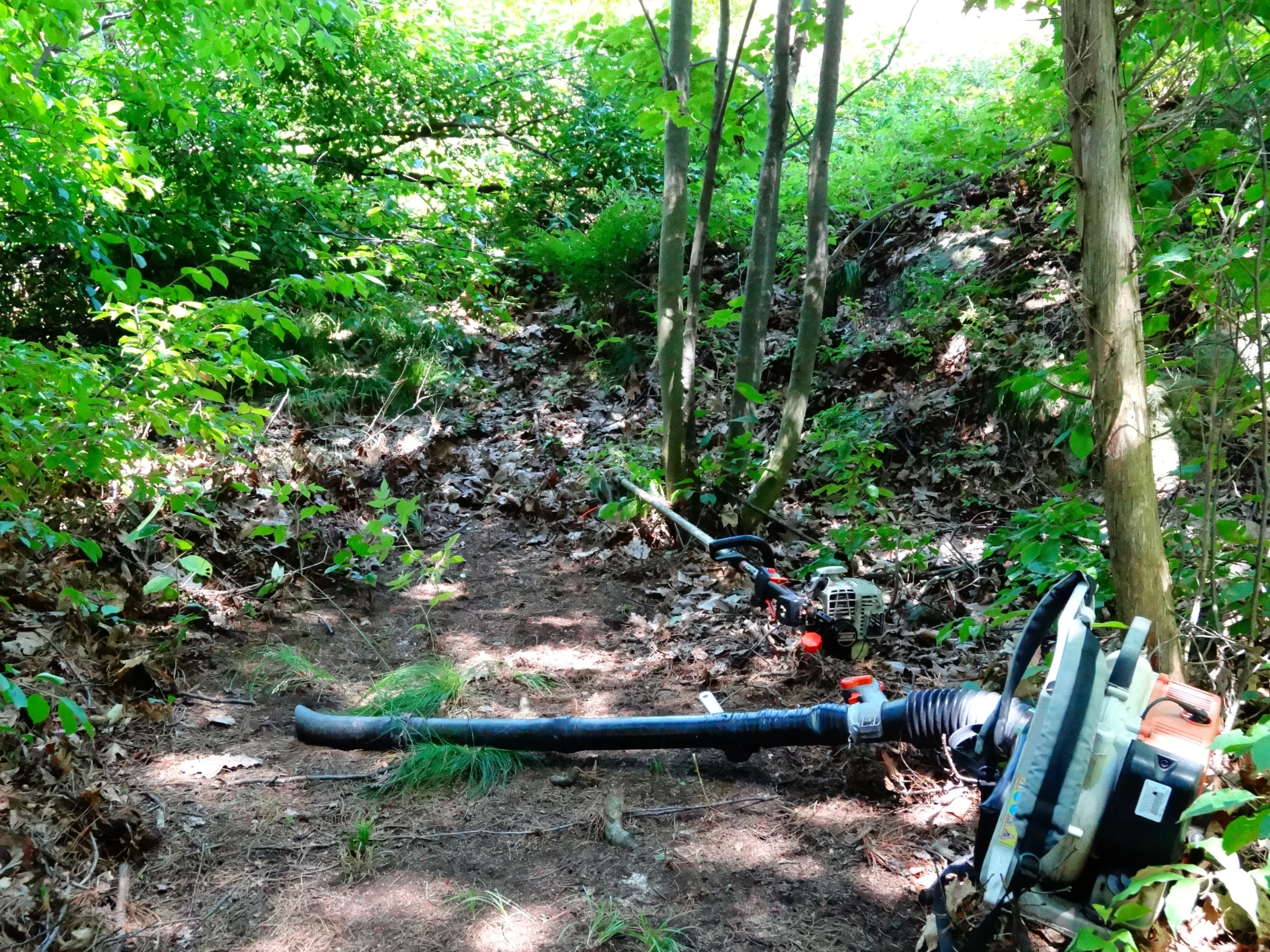 an open fire hydrant laying in the middle of the woods