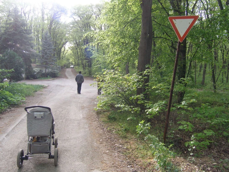 a child in a stroller traveling past a man walking along a forest road