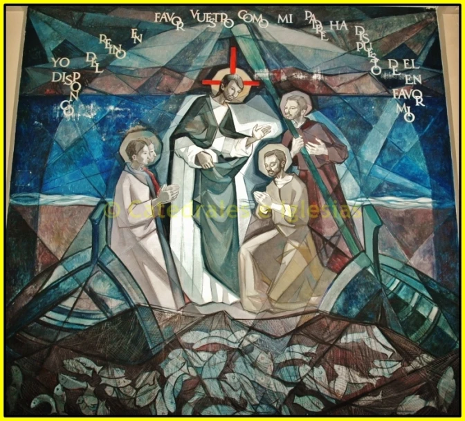 a painting with religious figures that has writing on it