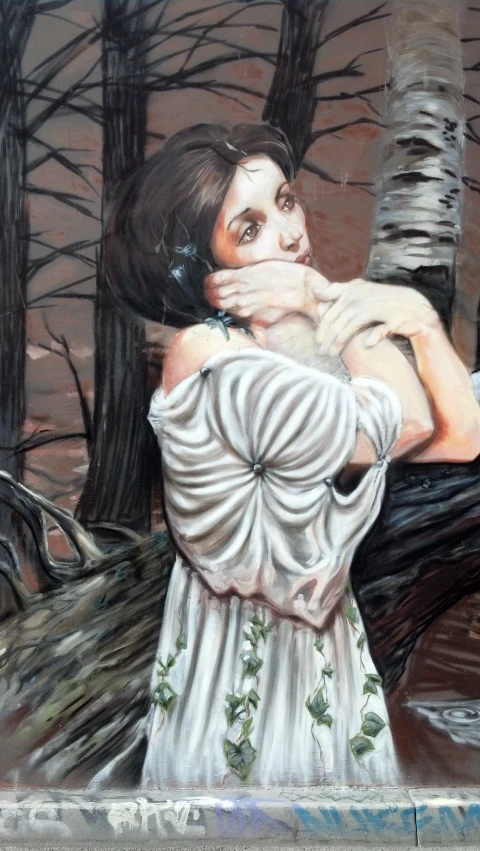 a painting of a girl hugging her boyfriend in the woods