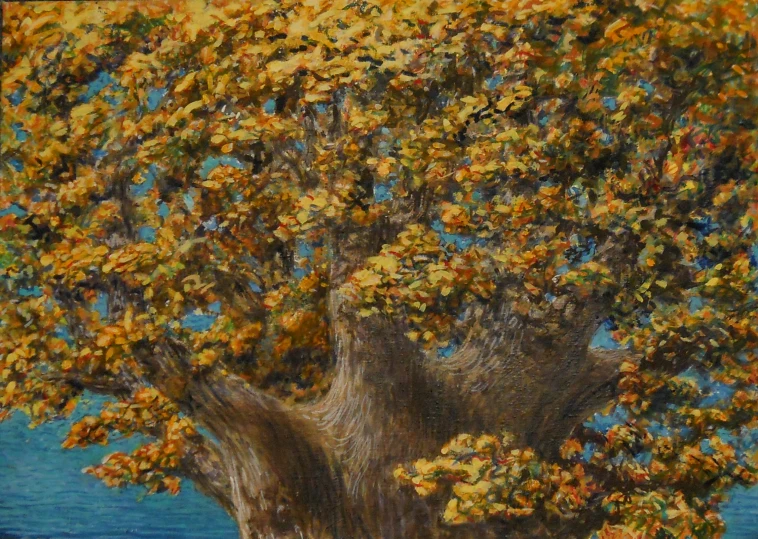 an oil painting of a tree over water