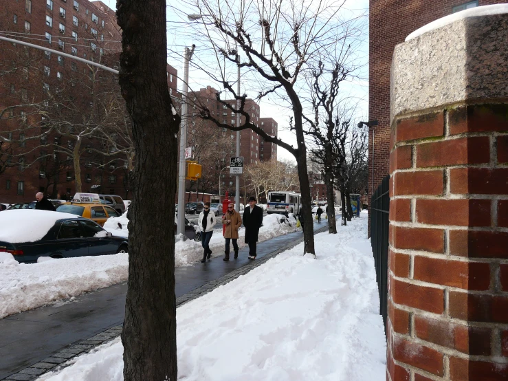 people walking on the sidewalk in a winter wonderland