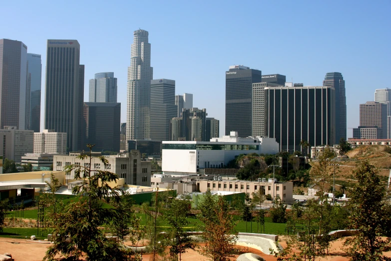 the city has high rise buildings and green trees