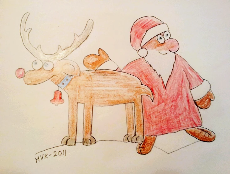 a drawing of santa and rudolph with reindeer