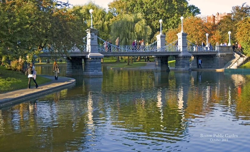 the people are crossing the bridge over the water