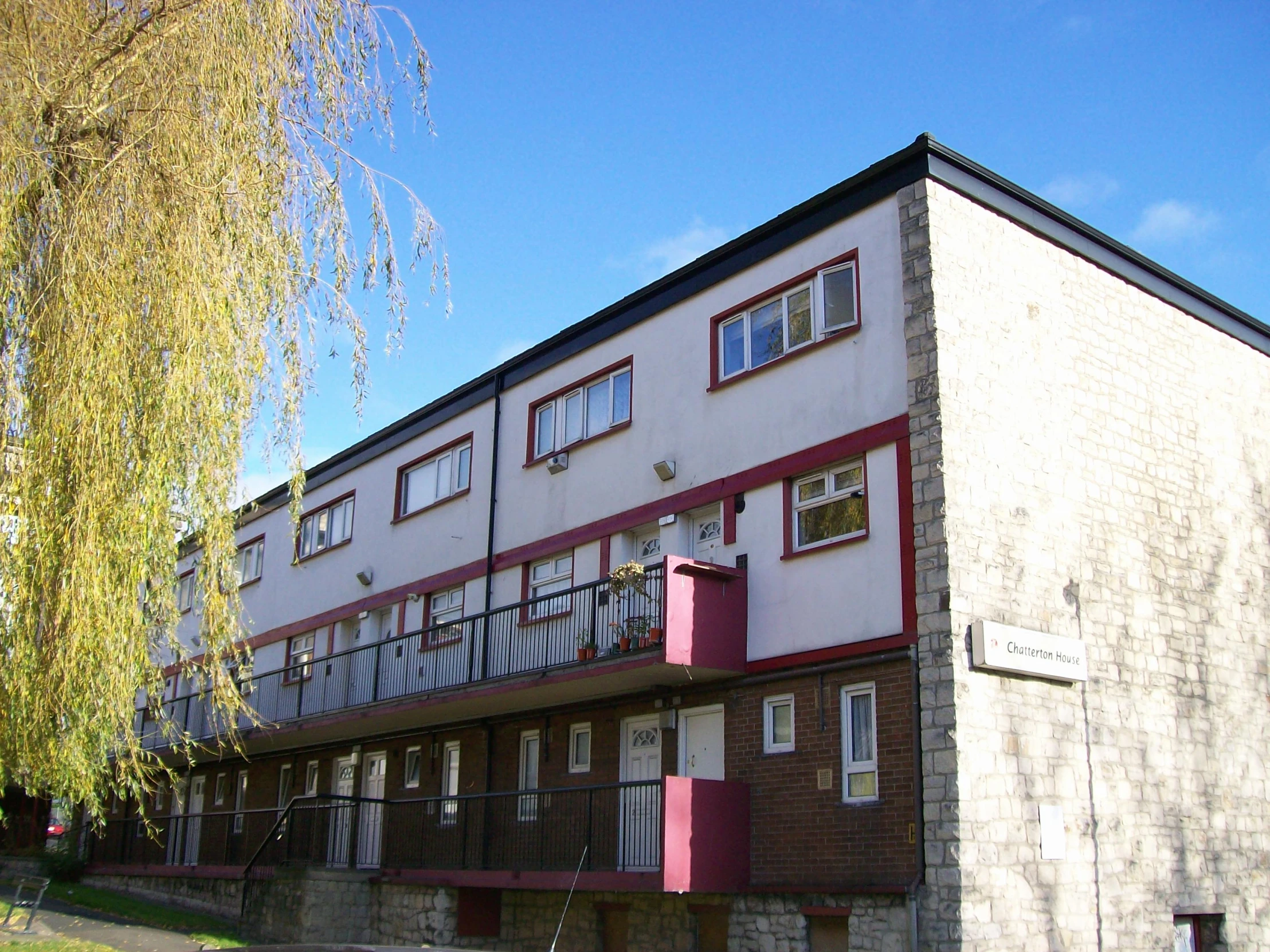 a tall building with windows sitting next to a tree