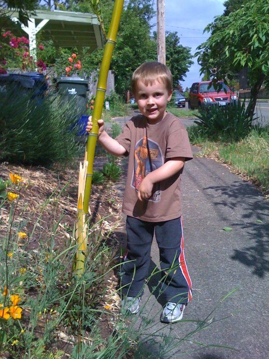 a boy standing on the side of the road holding up a pole