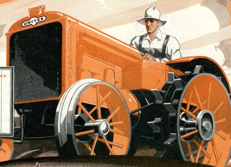 a man is riding on an orange tractor