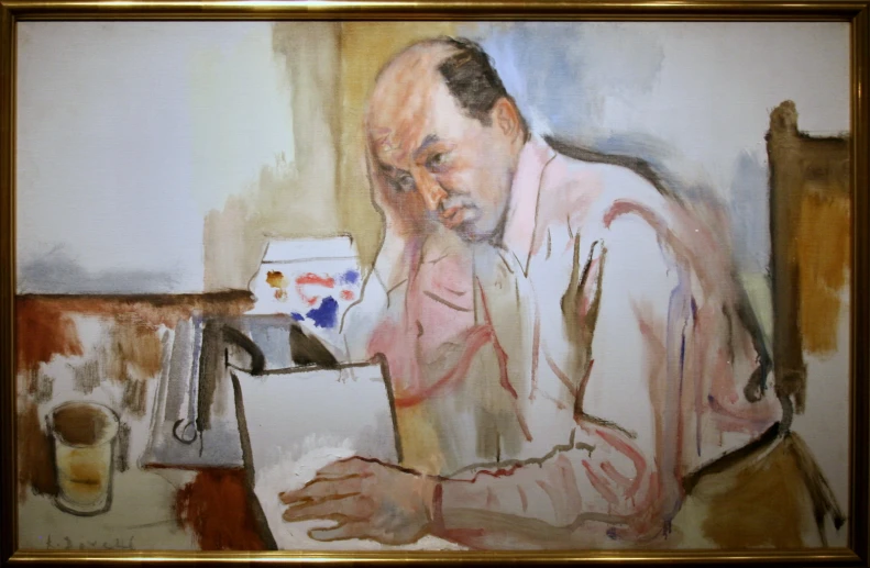 a painting of a man with a laptop