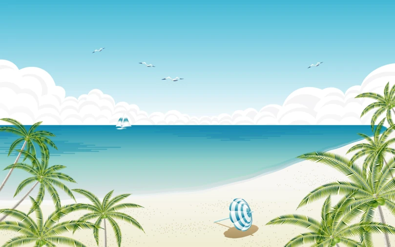 a blue and white beach scene with some palm trees