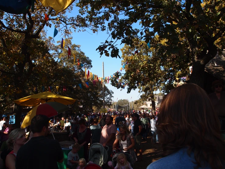 large crowd of people in park area under trees