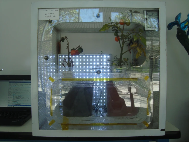 a laptop computer and mirror in a glass case