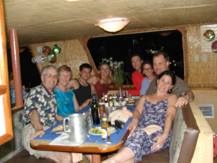 a group of people sitting around table in room