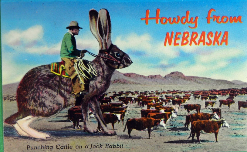 there is a vintage postcard depicting a man on a donkey and many other animals