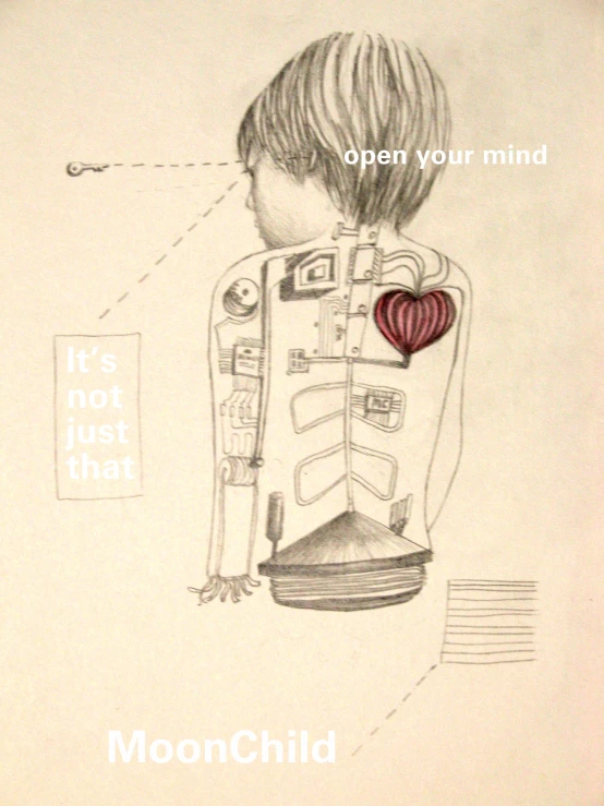 a drawing of a boy with a heart attached to his jacket