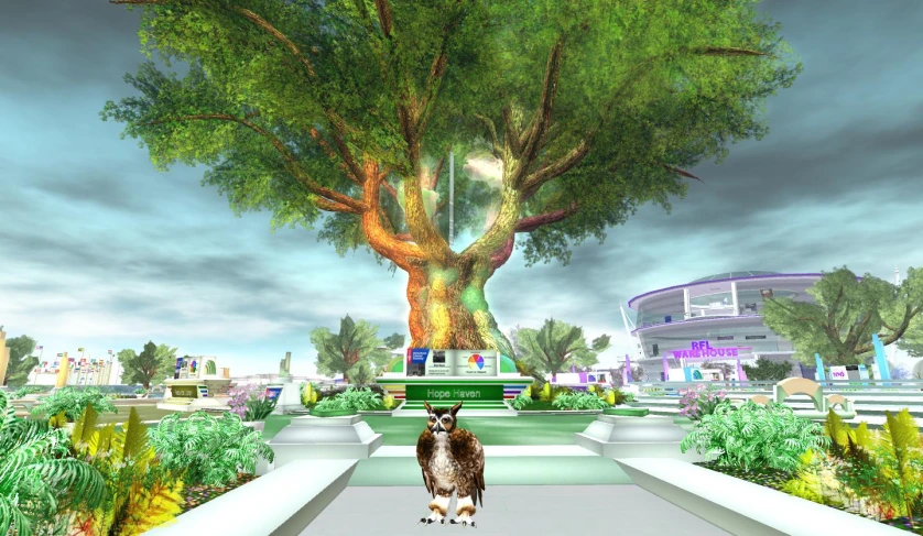 a dog standing in front of a huge tree