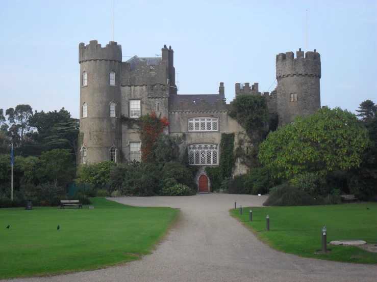 there is a castle sitting behind the trees