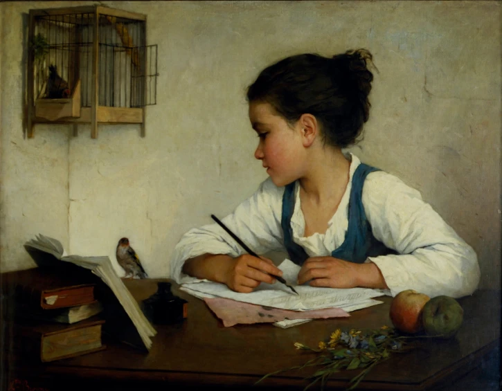 there is a painting of a little girl writing with a bird
