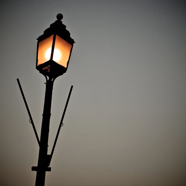 a street light is silhouetted against the gray sky