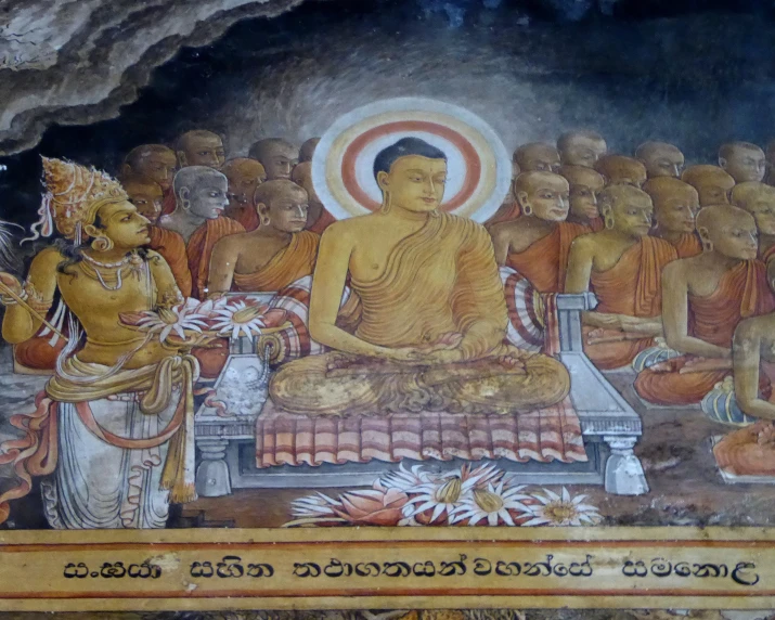 the painting depicts many buddhas in meditation with two men
