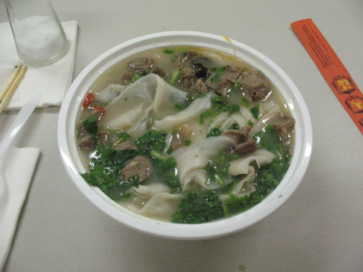 a bowl of pasta and beef noodle soup