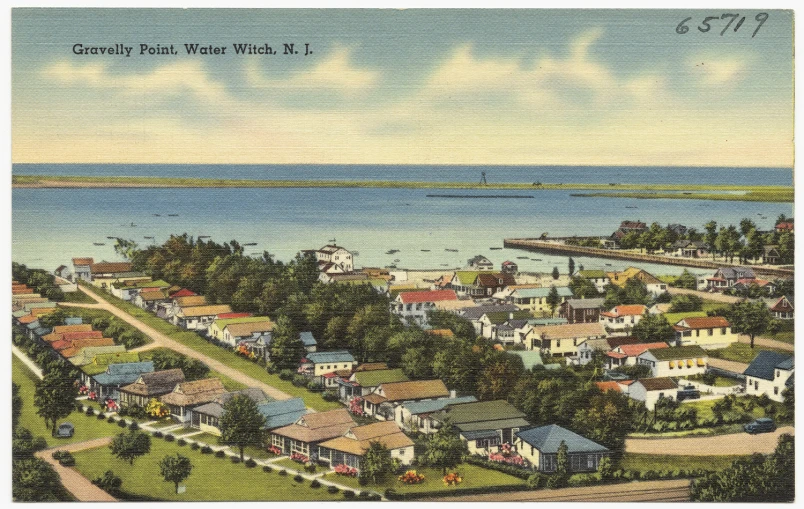 a vintage postcard of a city near the water