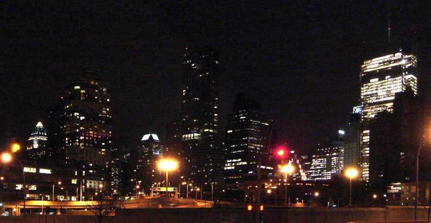 the large city skyline is illuminated at night