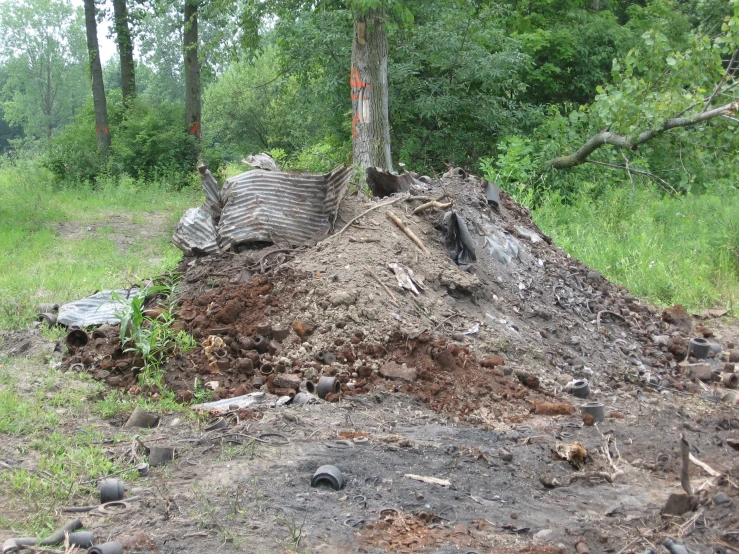 an old tree stump sits on top of a pile of dirt