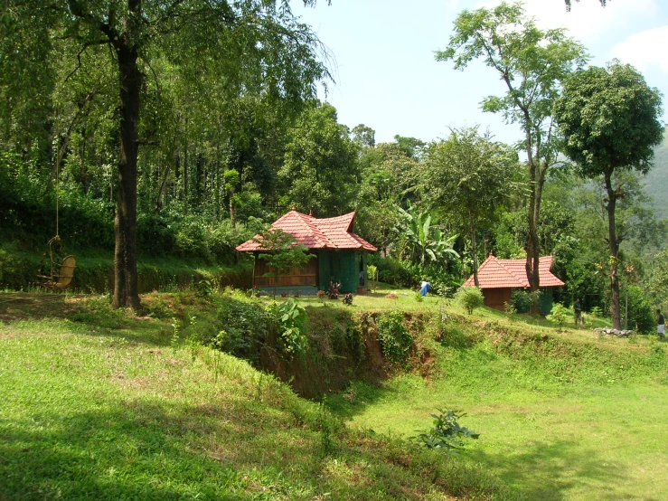 an area in the woods with two houses in the middle
